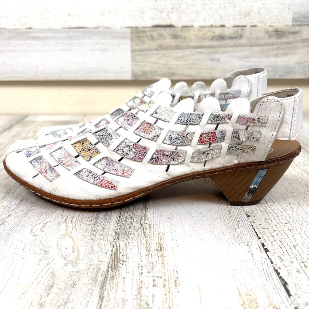 Rieker womens 10 White Multi Hand-Woven Leather Slingback Pumps Comfort Chic
